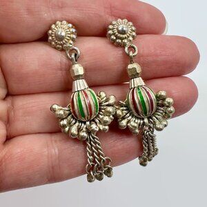 Exotic Earrings, India, Sterling Silver, Vintage, Middle Eastern, Enamel,Dangles